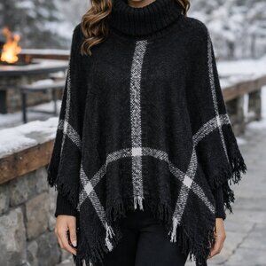 Van Heusen Black & White Poncho with Collar | Cozy Knit Wrap | NWT | One Size